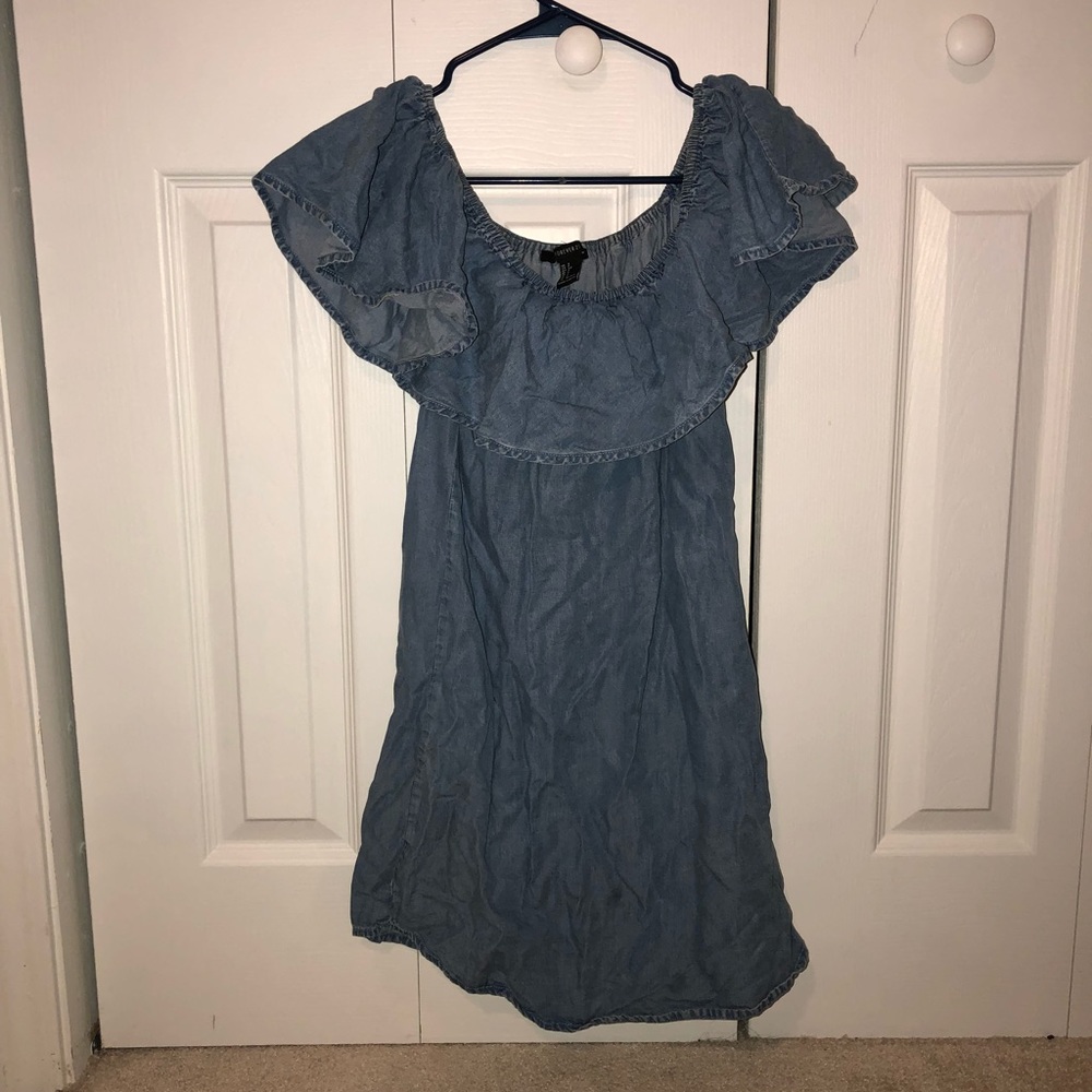 jean off the shoulder mini dress
